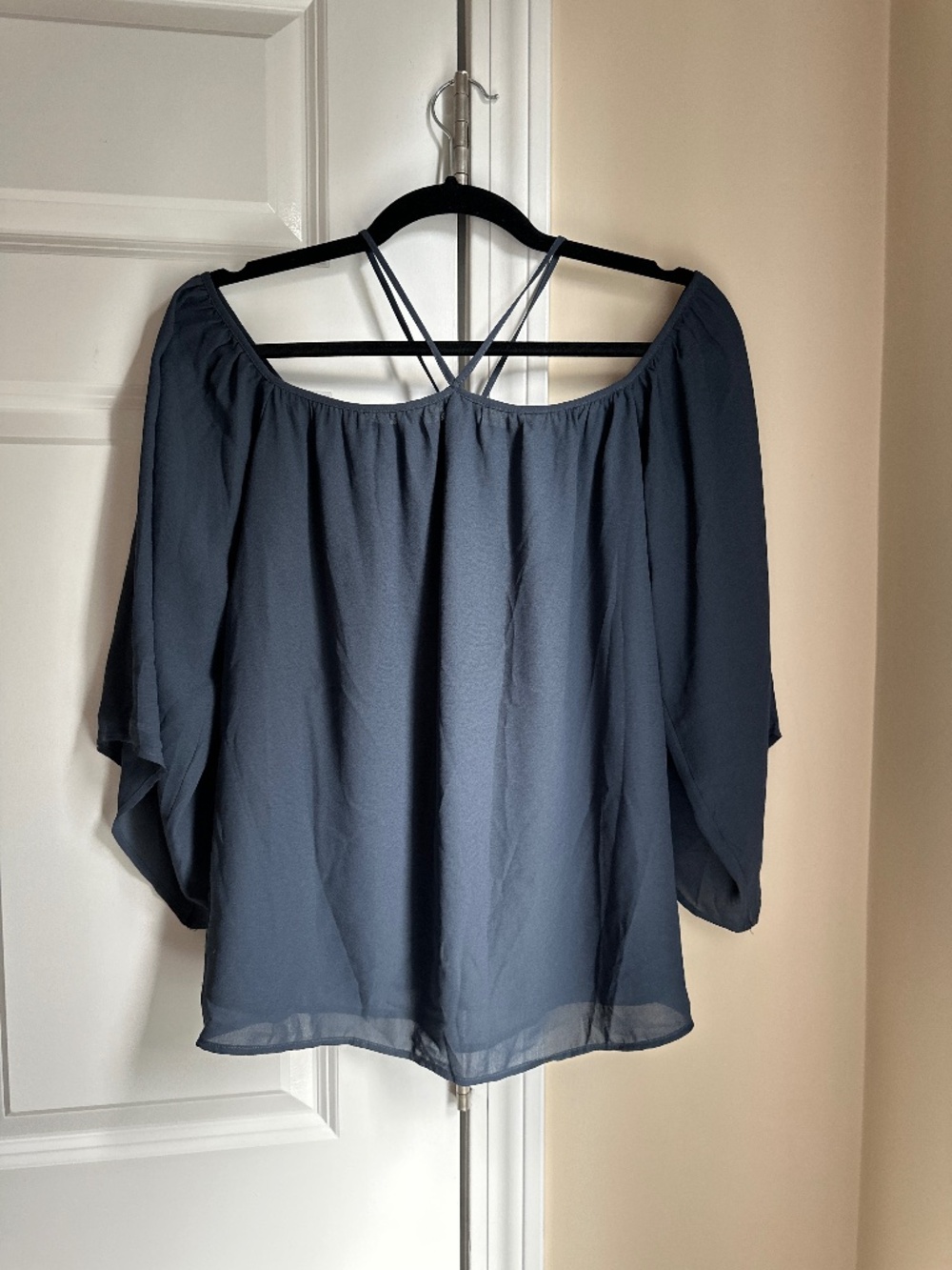 LOFT Blue Grey Off-the-Shoulder Flowy Blouse – M Petite